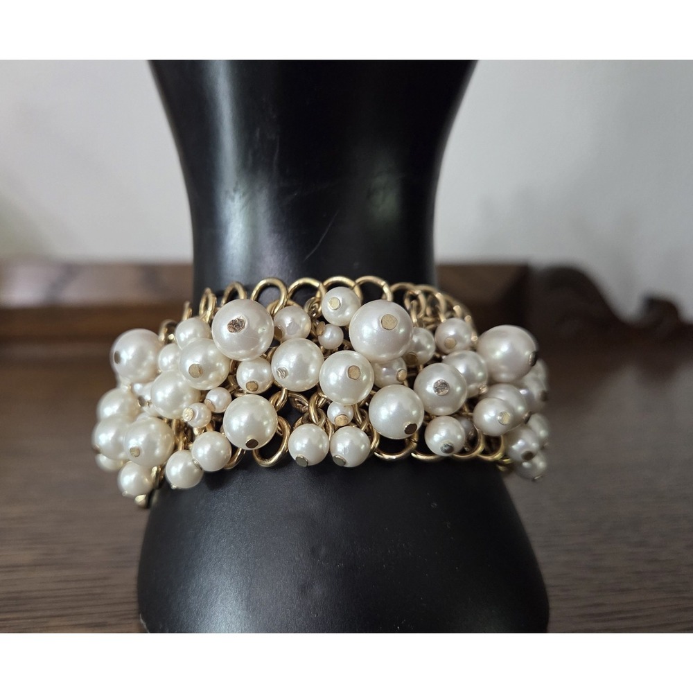 Talbots Faux Pearl Bracelet Dangling Beads Wide 1.5"‎ Chain Link Band Gold EUC
